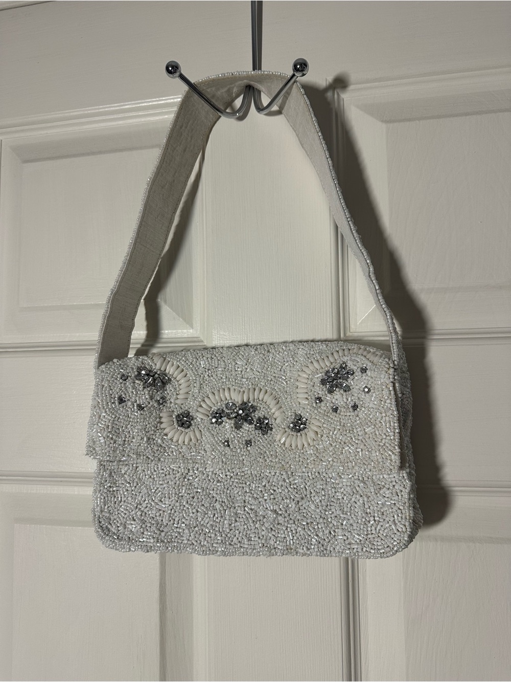 Beaded White Evening Shoulder Bag